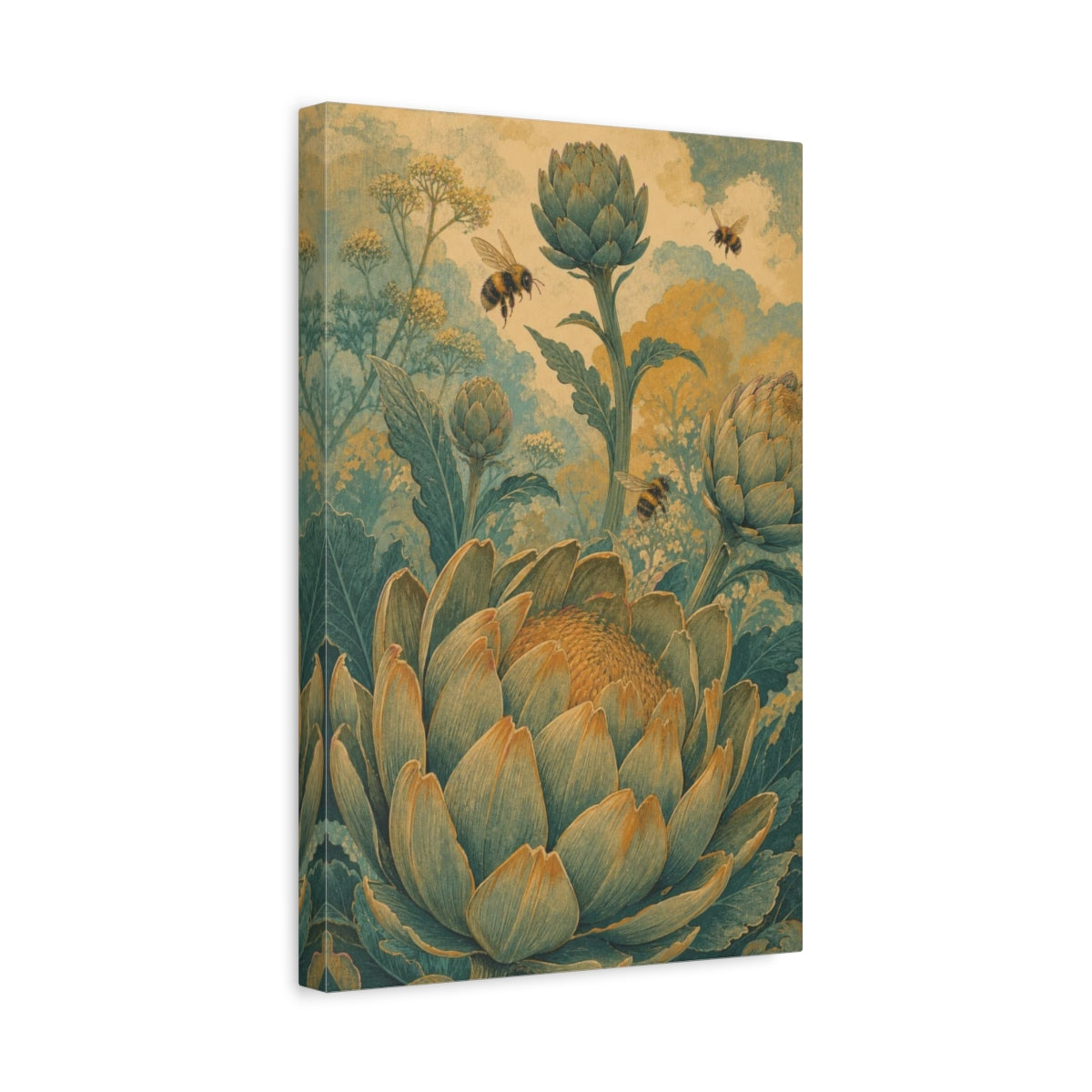 Side Mockup 4. Garden Artichokes And Bees shown as canvas print