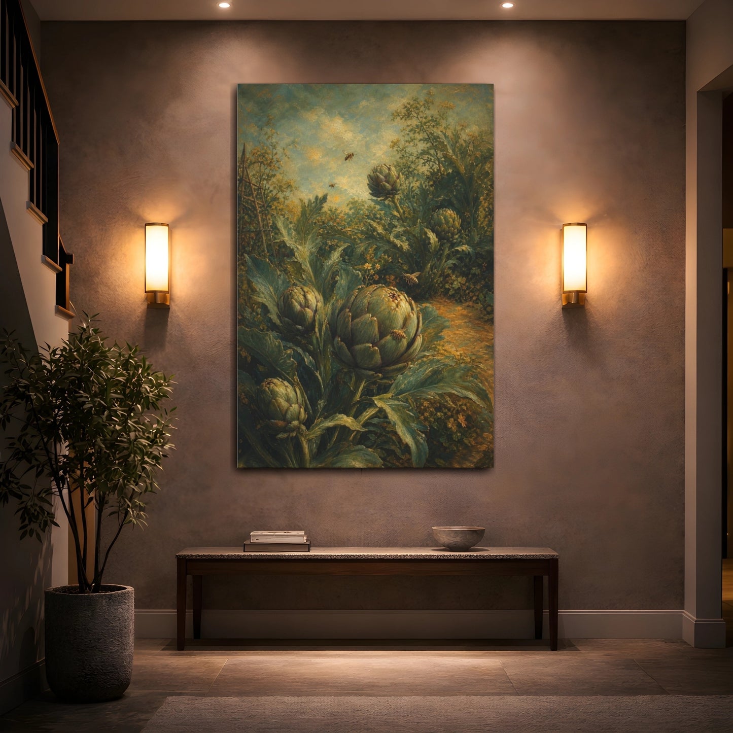 Mockup 2. Garden Artichokes And Bees shown as canvas print