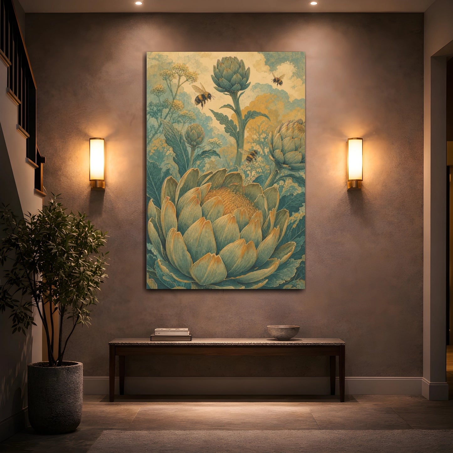 Mockup 2. Garden Artichokes And Bees shown as canvas print