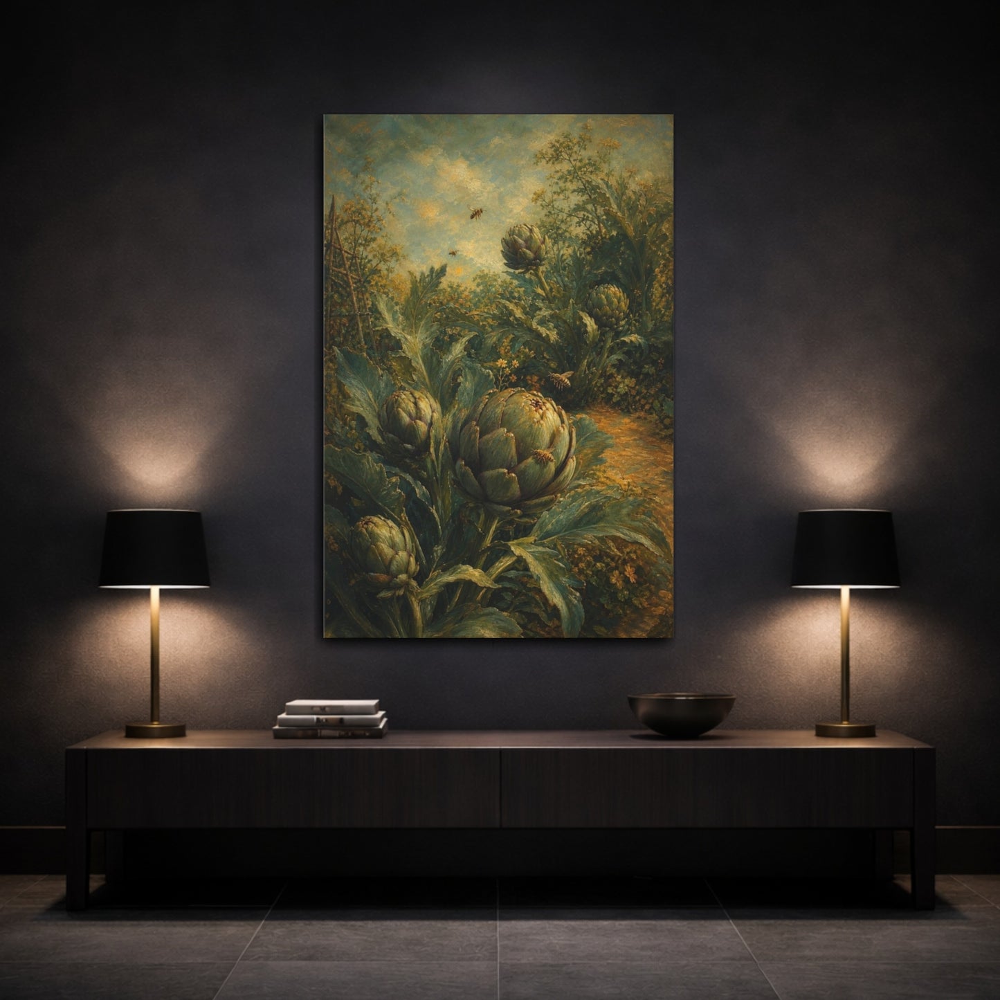 Mockup 3. Garden Artichokes And Bees shown as canvas print