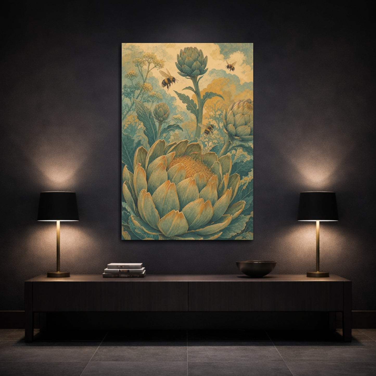 Mockup 3. Garden Artichokes And Bees shown as canvas print