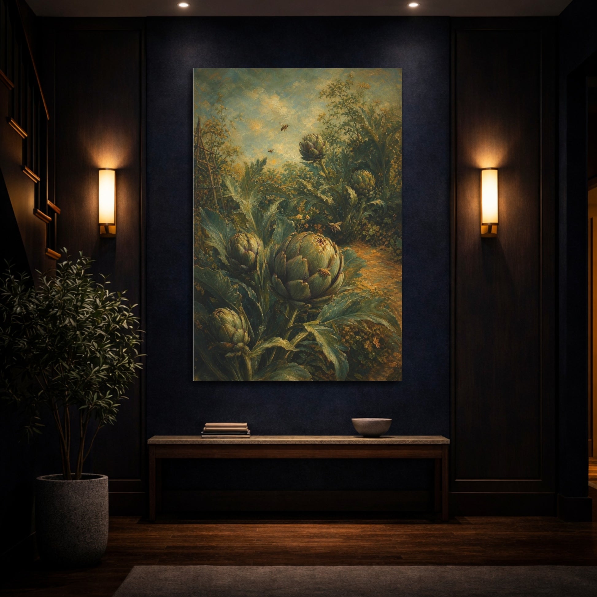 Mockup 4. Garden Artichokes And Bees shown as canvas print