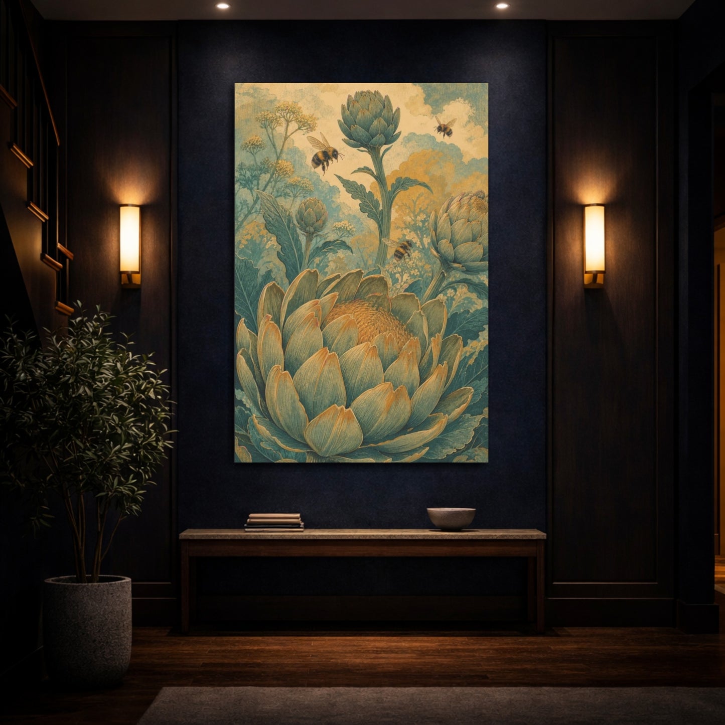 Mockup 4. Garden Artichokes And Bees shown as canvas print