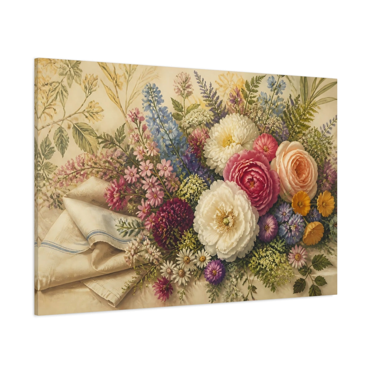 Side Mockup 1. Garden Bouquet With Linen shown as canvas print