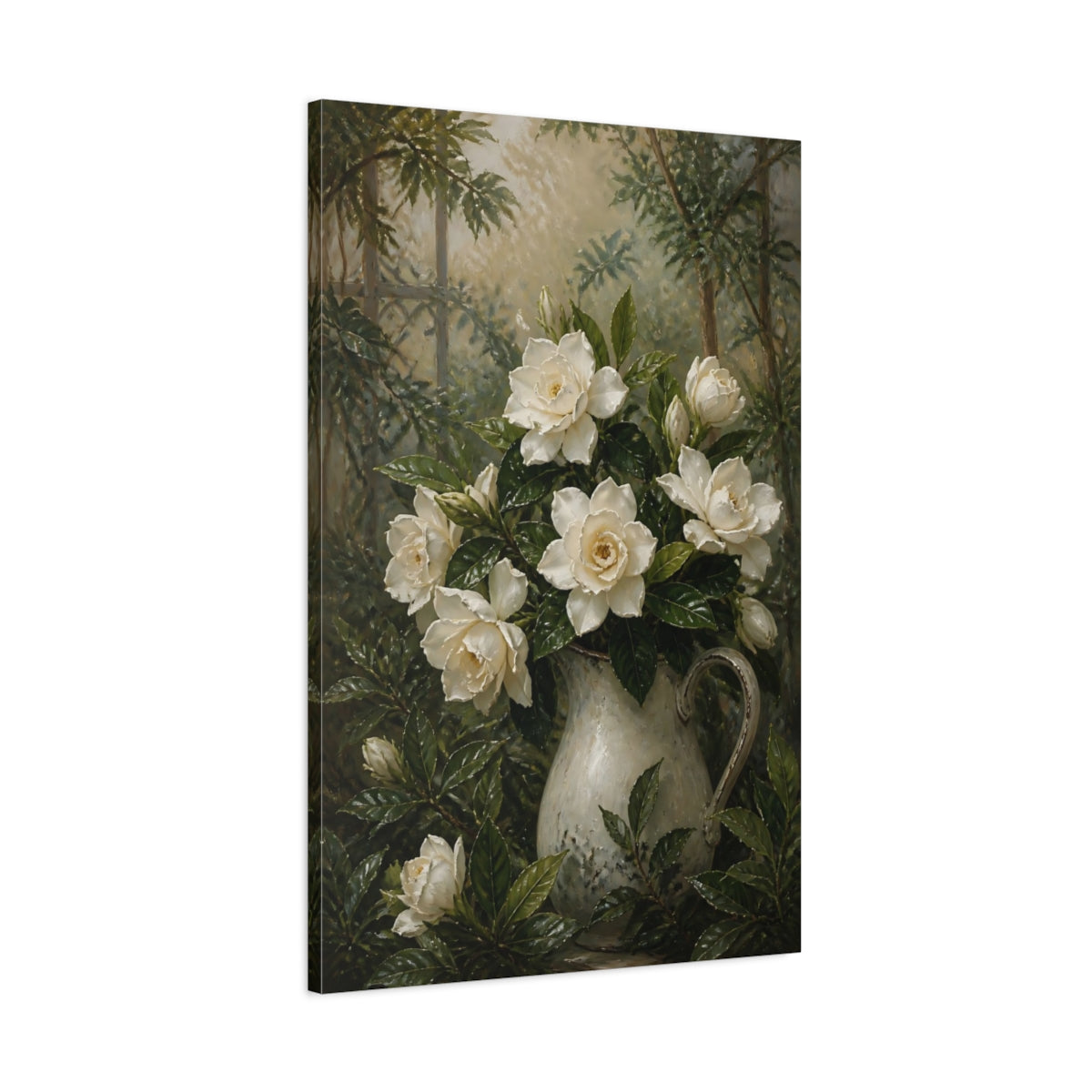 Main Mockup. Gardenia Flowers In Pitcher shown as canvas print