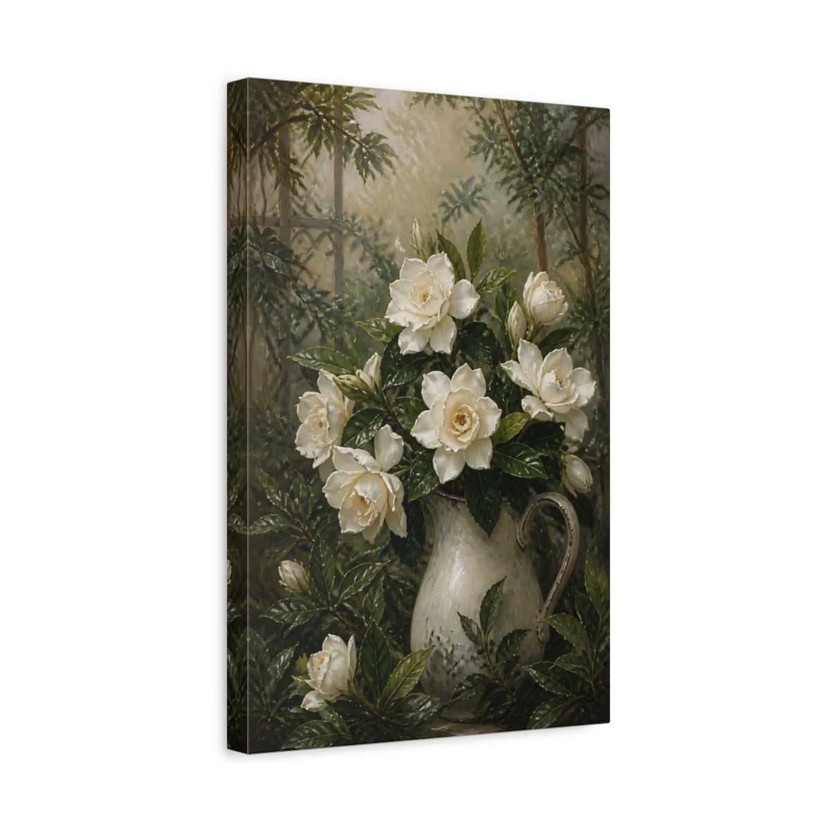 Side Mockup 4. Gardenia Flowers In Pitcher shown as canvas print
