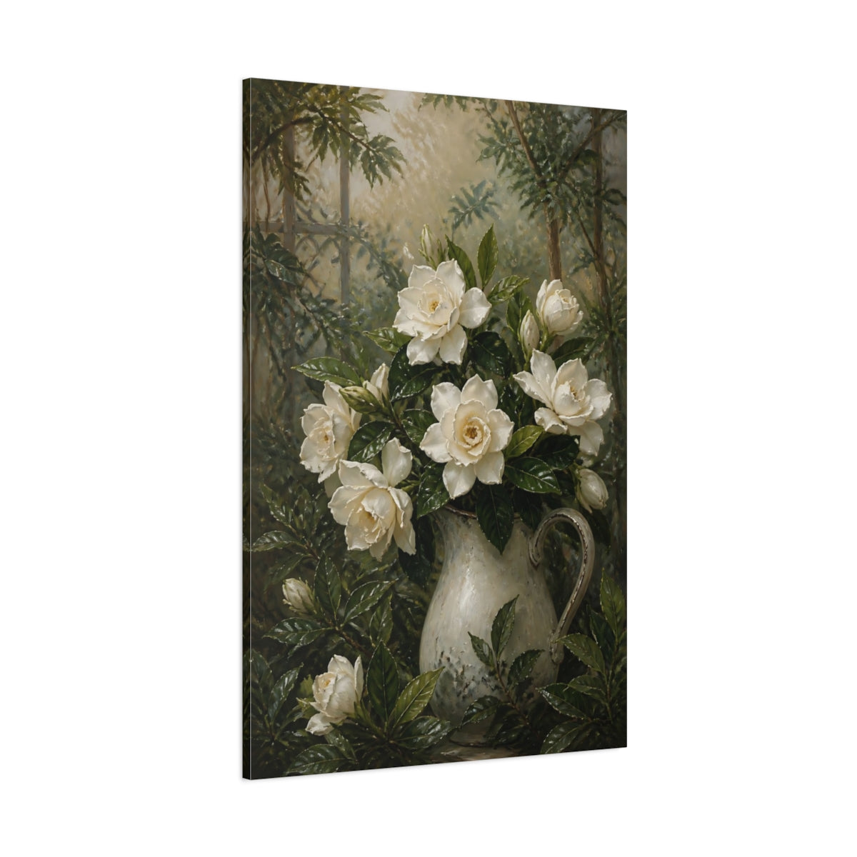 Side Mockup 1. Gardenia Flowers In Pitcher shown as canvas print