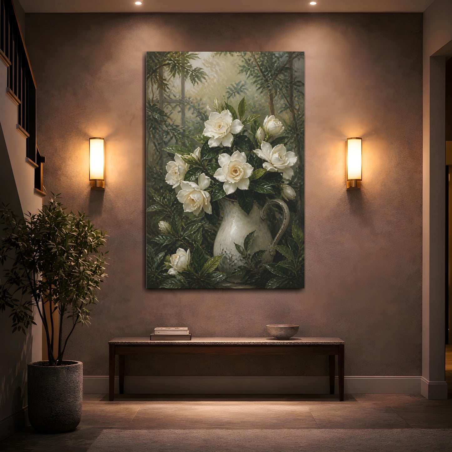 Mockup 2. Gardenia Flowers In Pitcher shown as canvas print