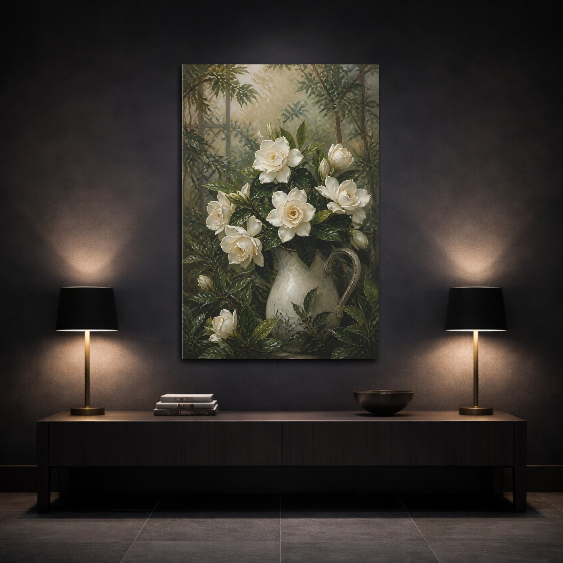 Mockup 3. Gardenia Flowers In Pitcher shown as canvas print