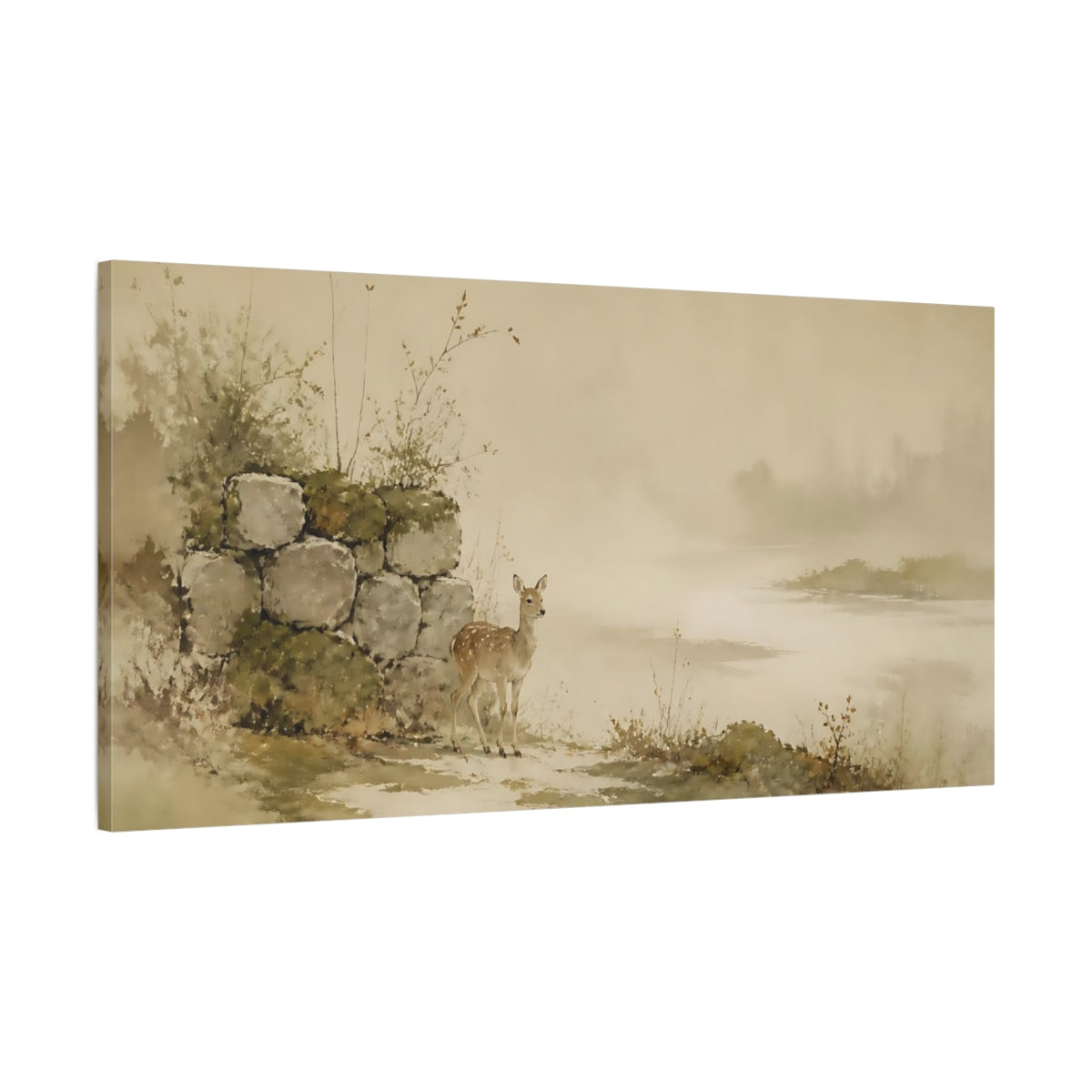 Main Mockup. Gentle Fawn At Stone Wall shown as canvas print