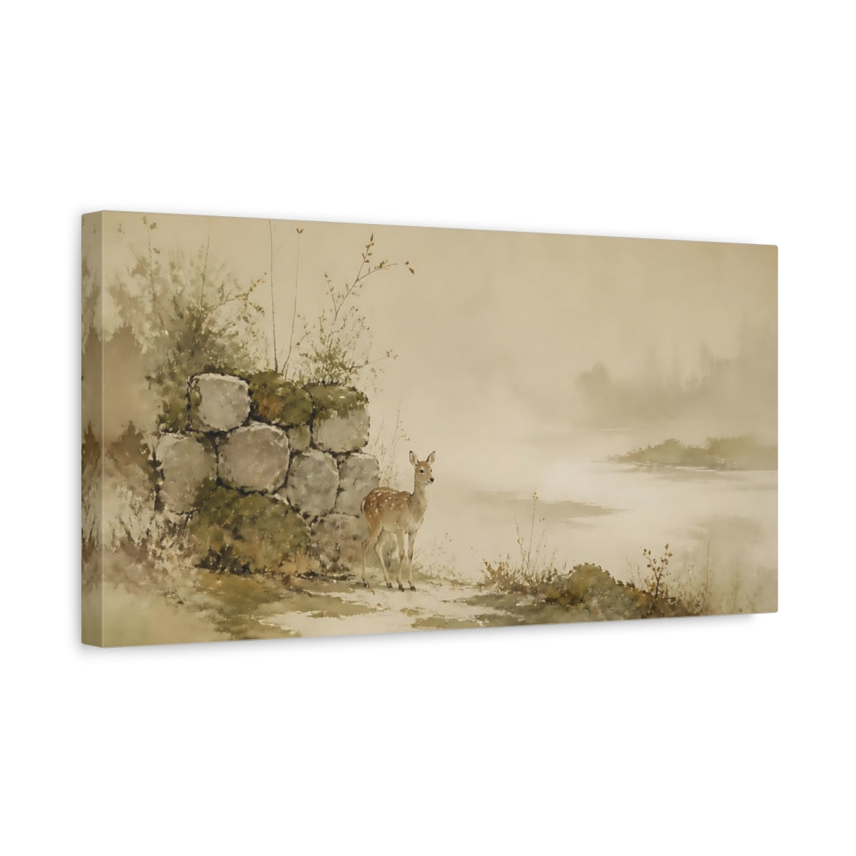 Side Mockup 3. Gentle Fawn At Stone Wall shown as canvas print