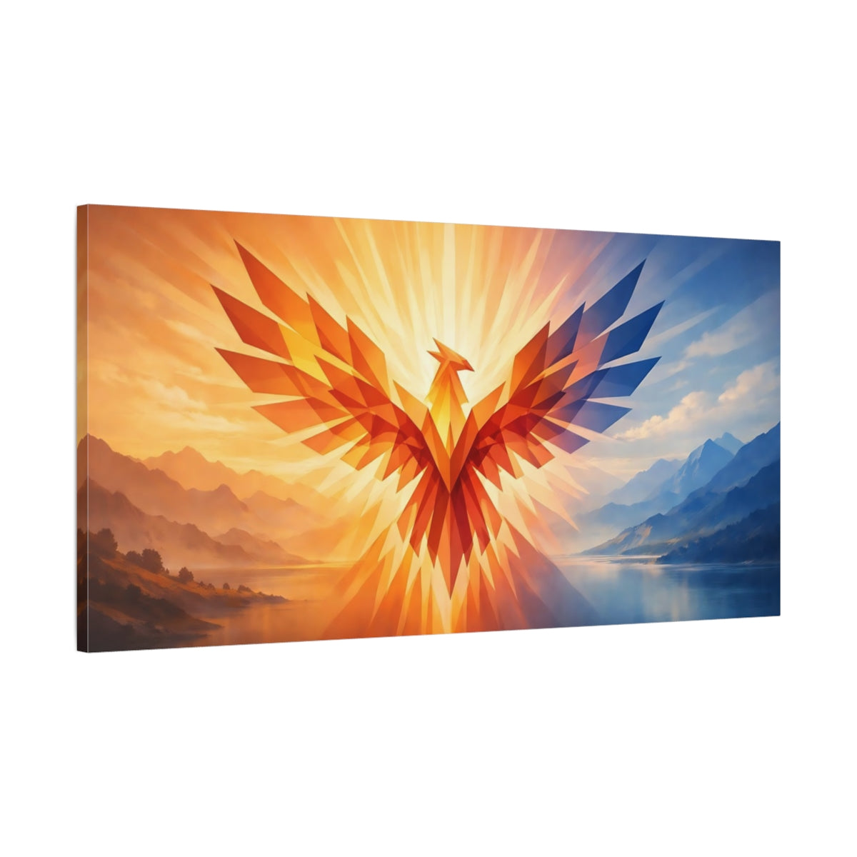 Side Mockup 1. Birds Phoenix Orange Blue Phoenix shown as stretched canvas wall art