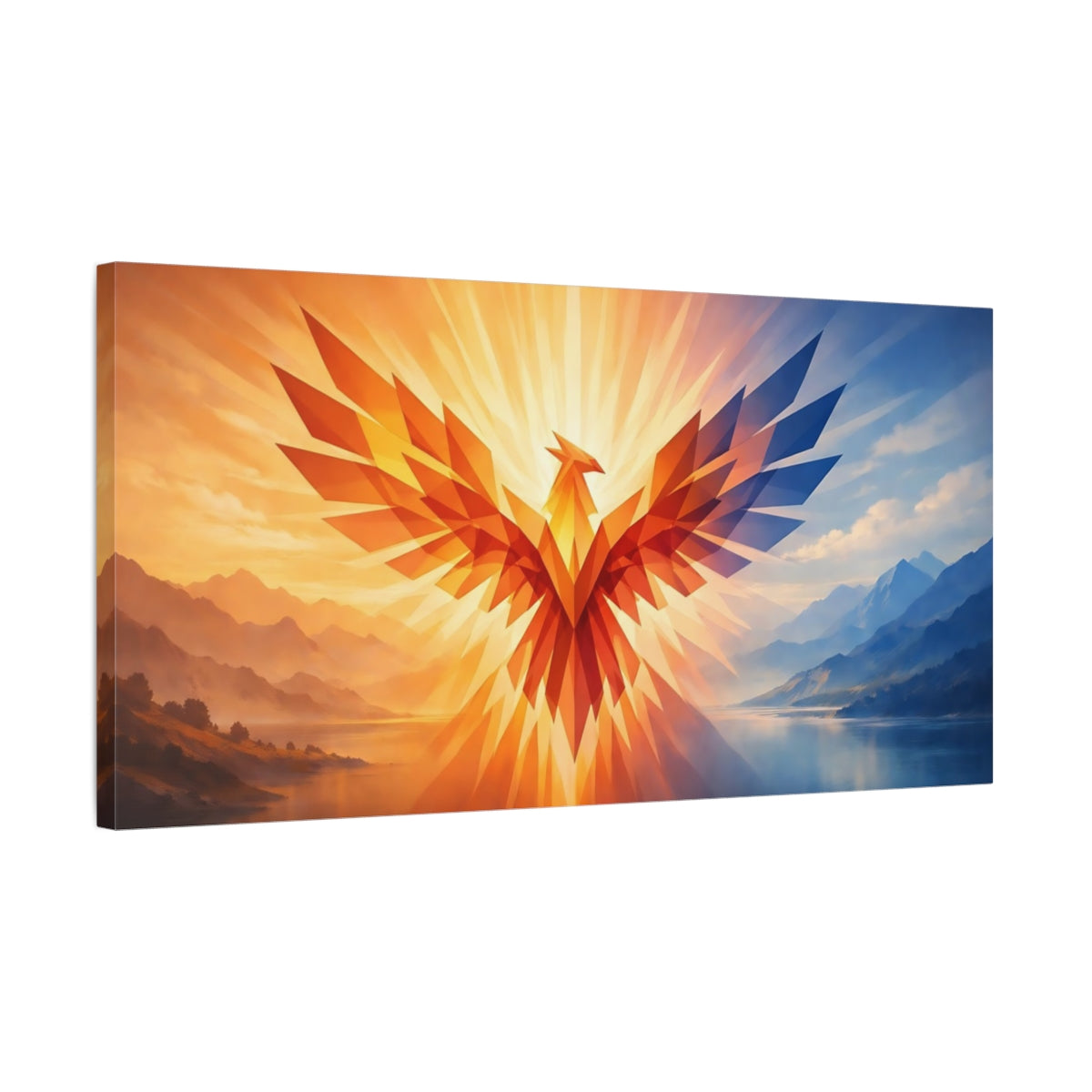 Side Mockup 2. Birds Phoenix Orange Blue Phoenix shown as stretched canvas wall art