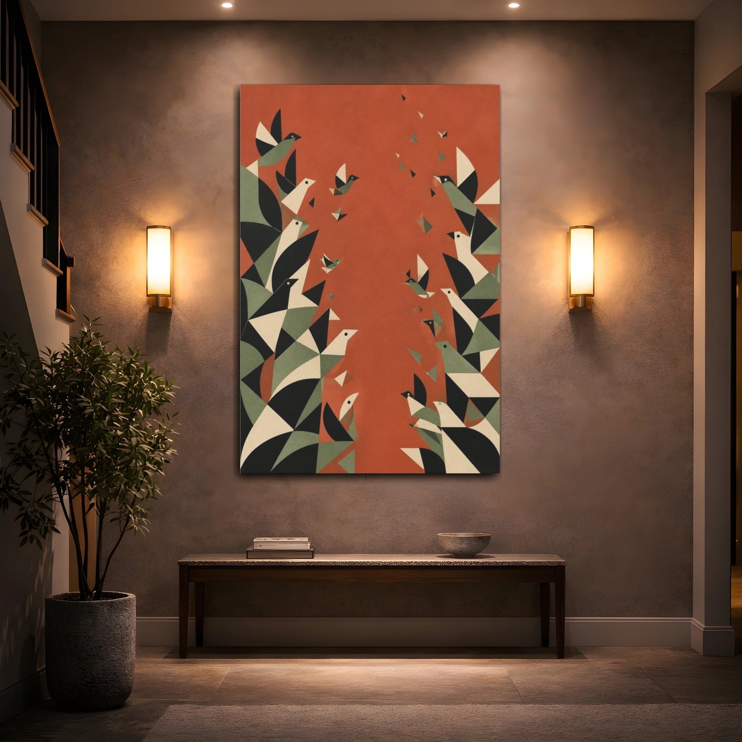 Mockup 2. Geometric Birds In Flight shown as canvas print