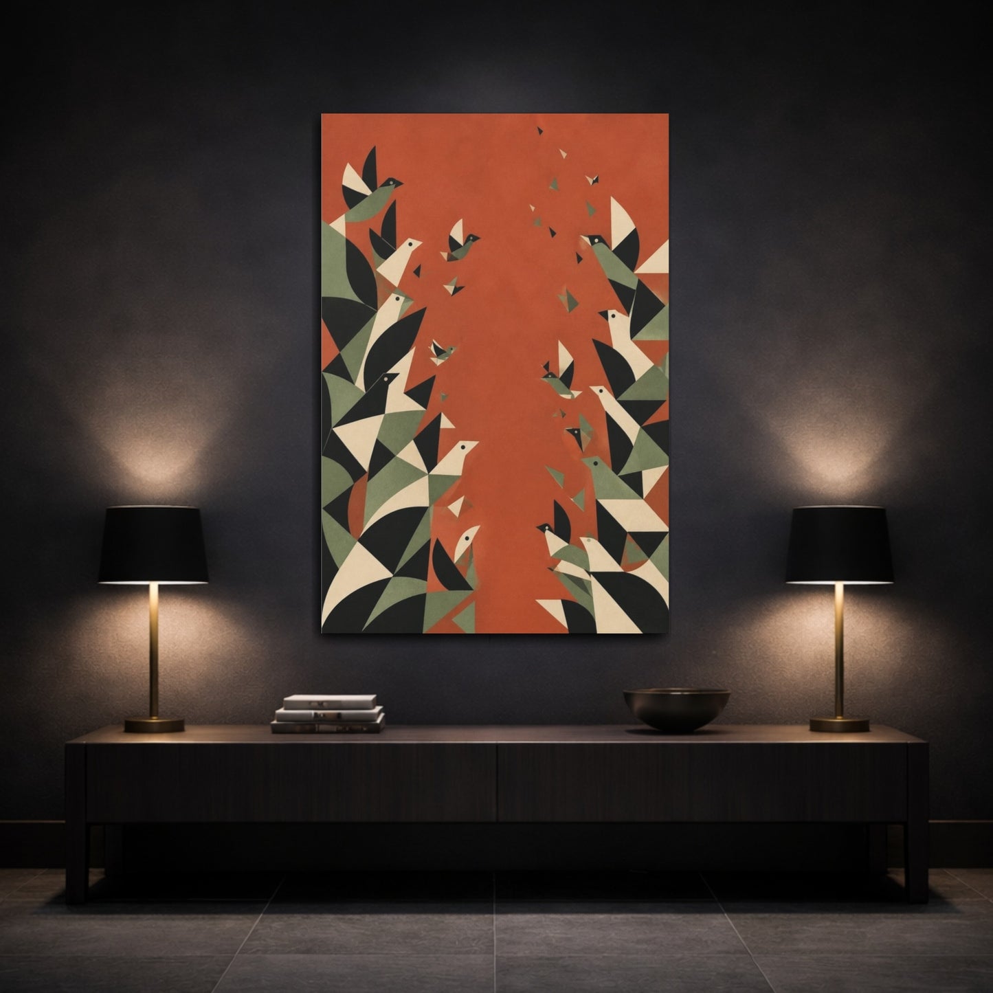 Mockup 3. Geometric Birds In Flight shown as canvas print