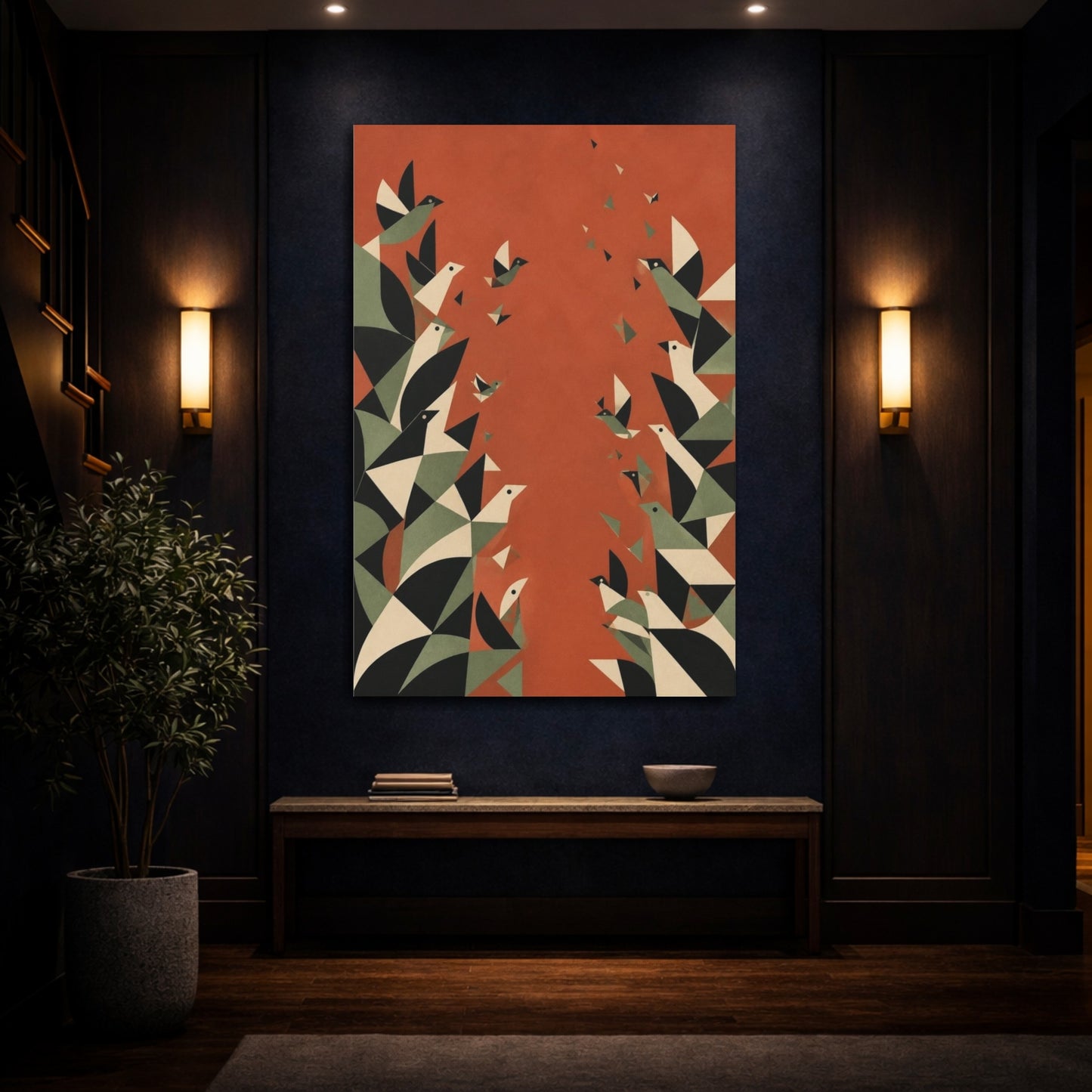 Mockup 4. Geometric Birds In Flight shown as canvas print