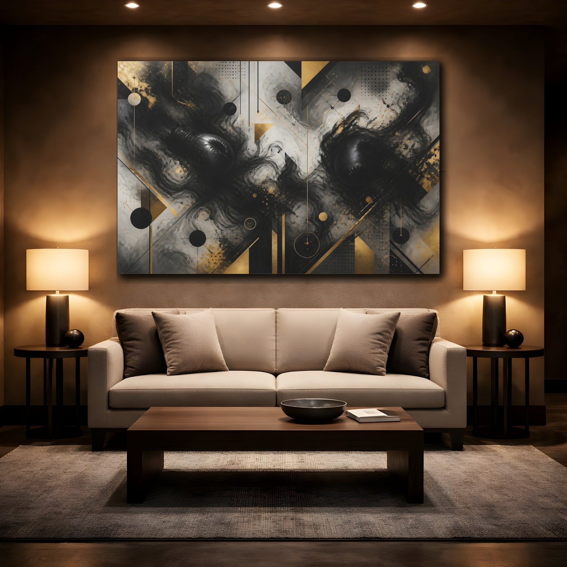 Mockup 2. Geometric Boxing Smoke shown as canvas print
