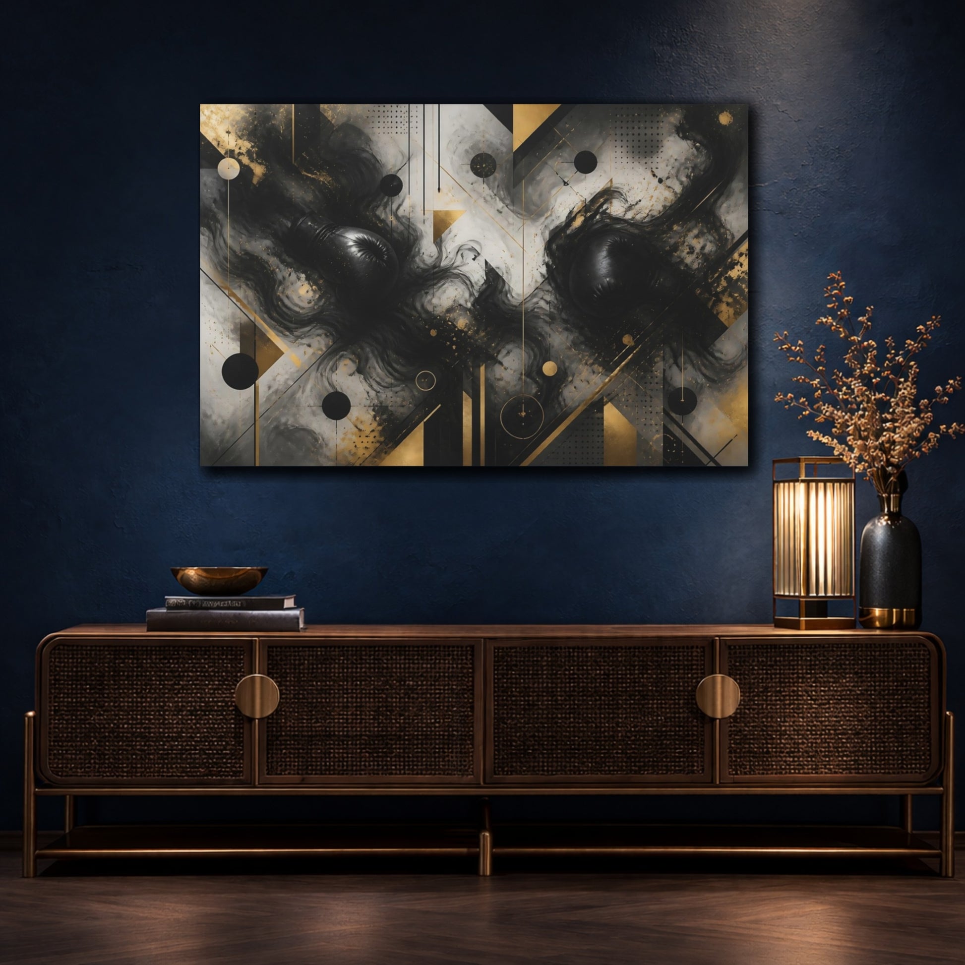 Mockup 4. Geometric Boxing Smoke shown as canvas print