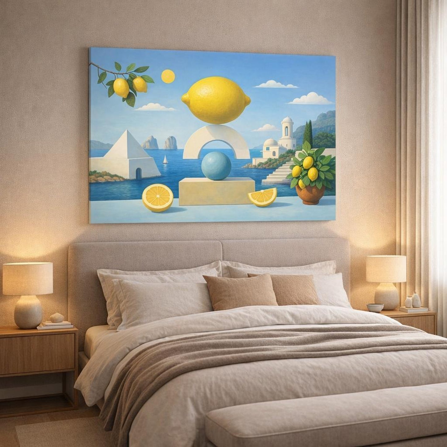 Geometric Capri Lemons shown as canvas wall art in a luxury bedroom