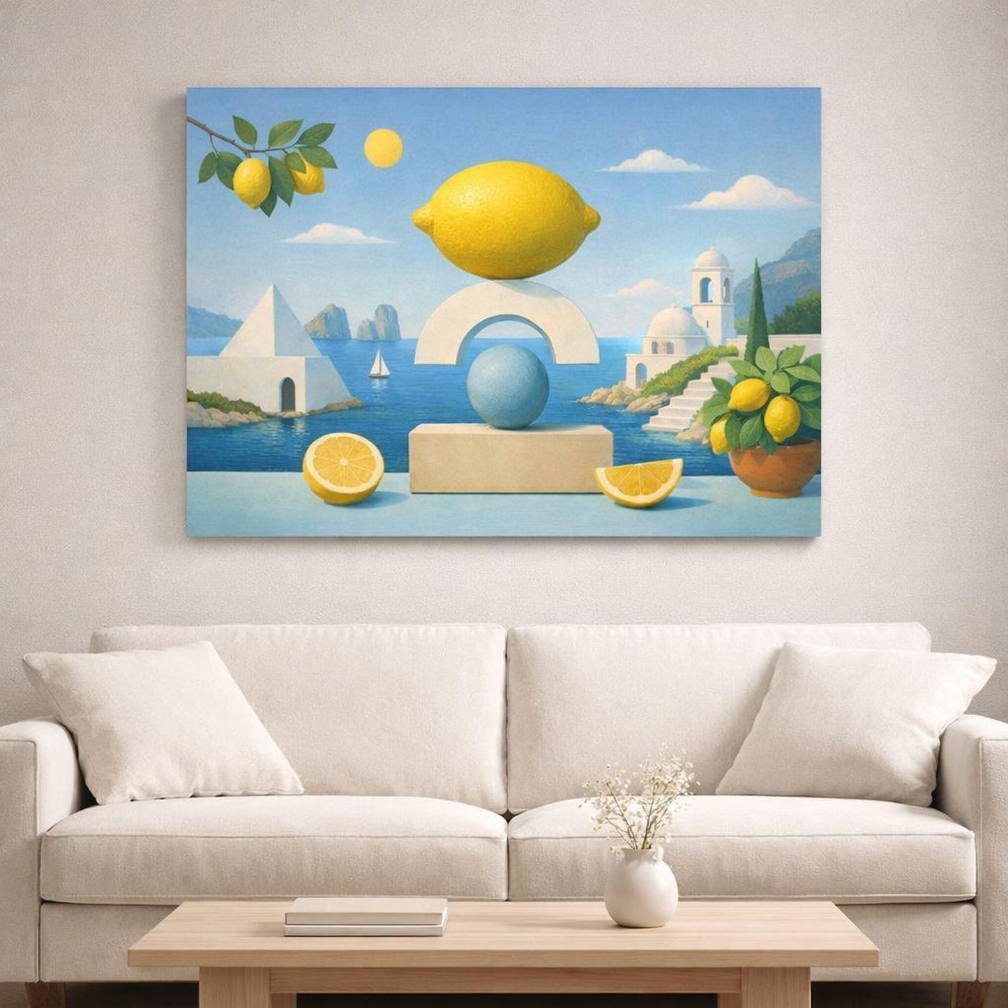 Geometric Capri Lemons shown as canvas wall art in a refined dining room