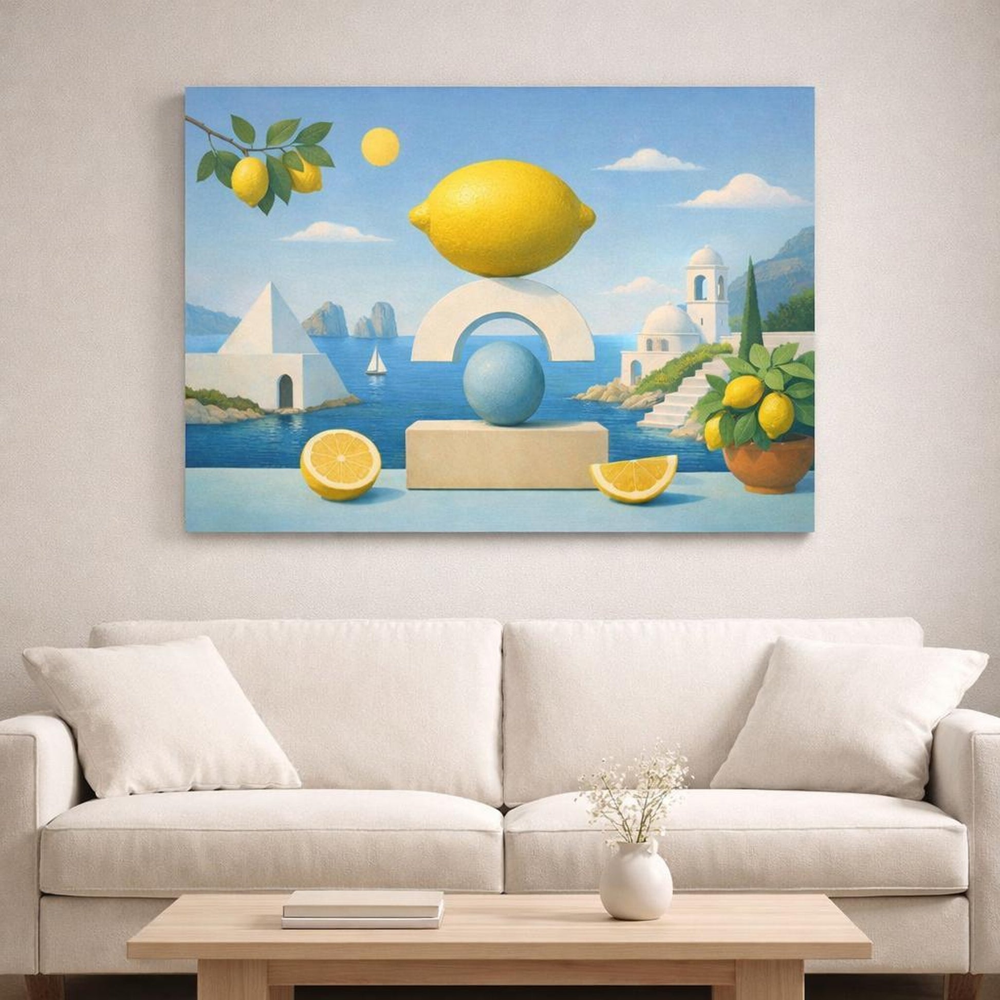 Geometric Capri Lemons shown as canvas wall art in a refined dining room