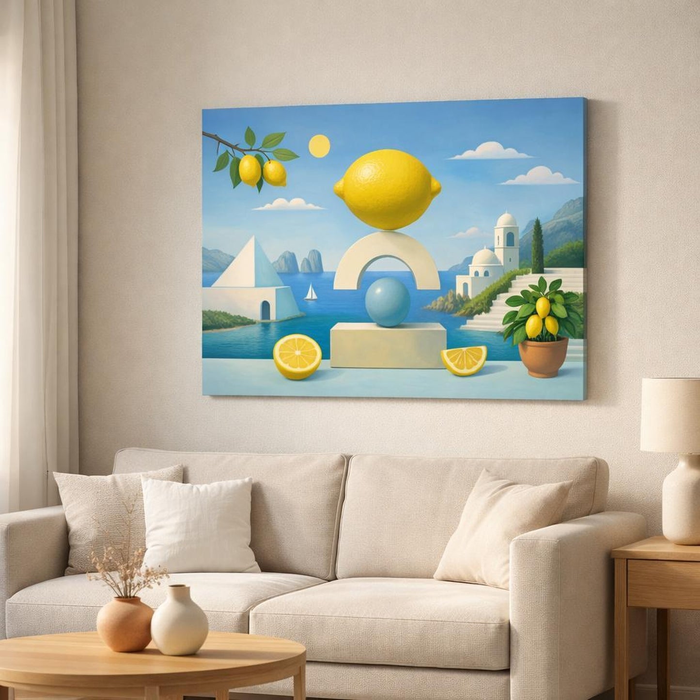Geometric Capri Lemons shown as canvas wall art in a modern living room