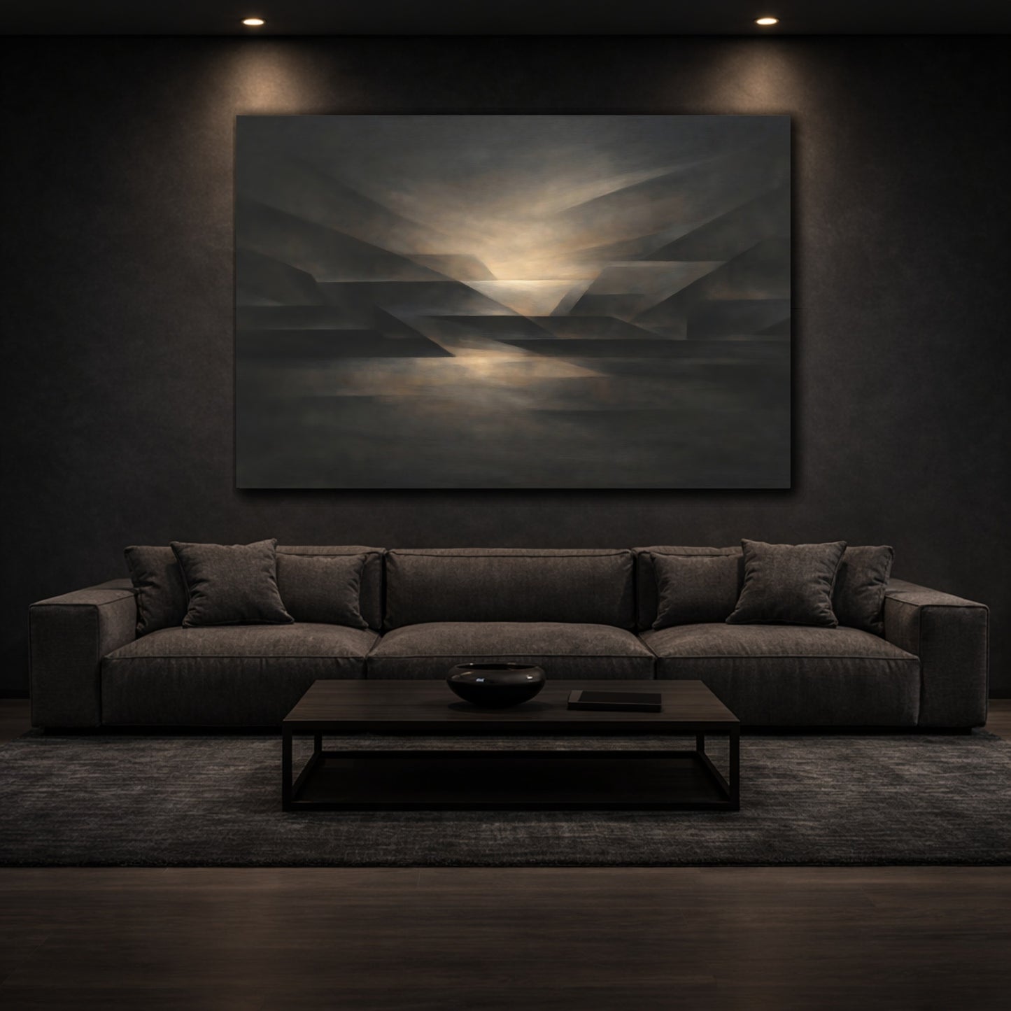 Mockup 2. Geometric Dark Neutral Abstract Flow shown as stretched canvas wall art