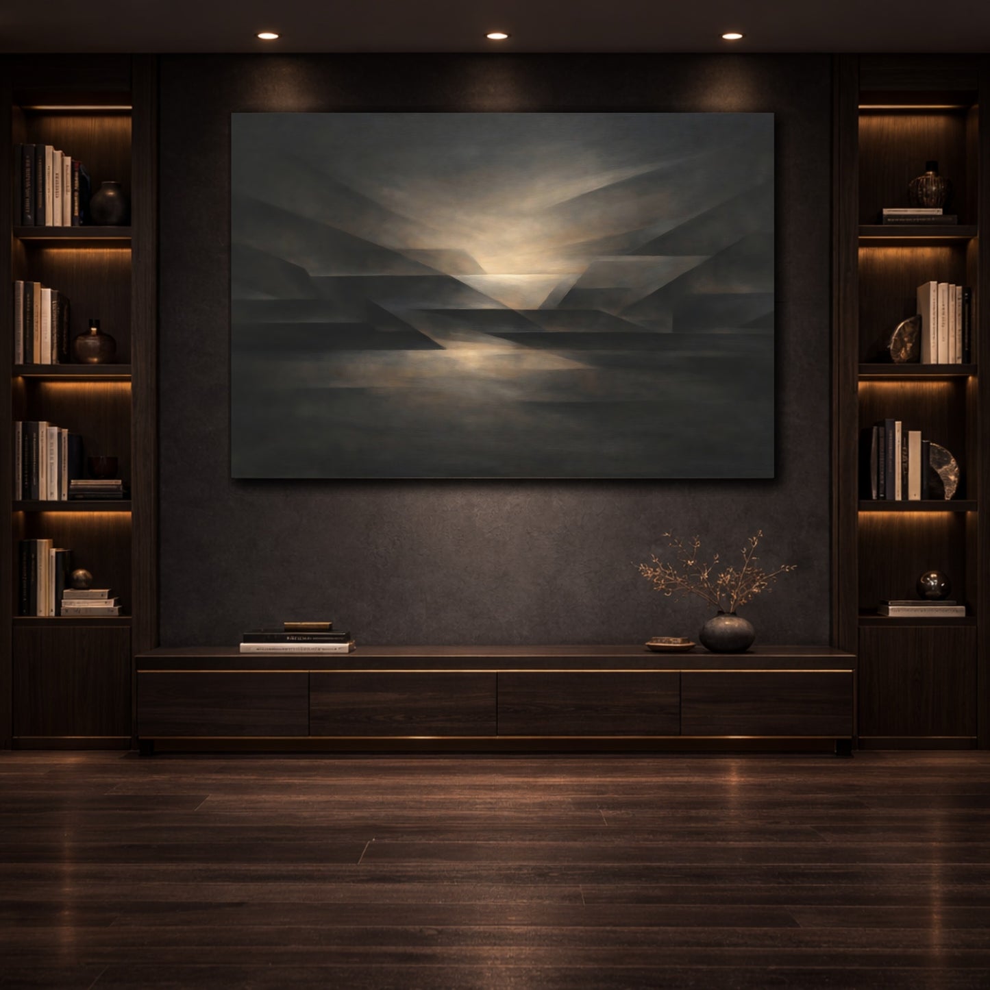 Mockup 3. Geometric Dark Neutral Abstract Flow shown as stretched canvas wall art