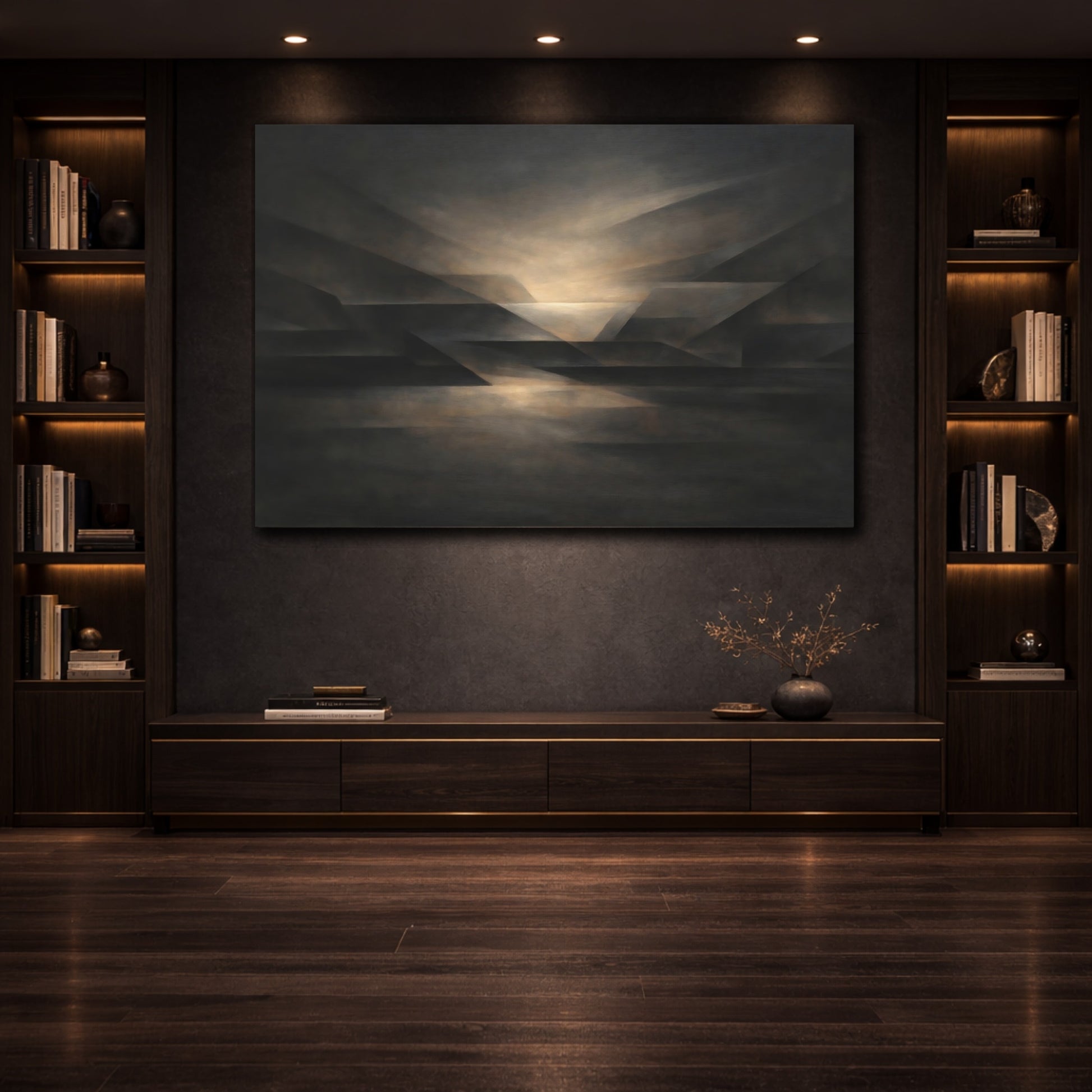 Mockup 3. Geometric Dark Neutral Abstract Flow shown as stretched canvas wall art