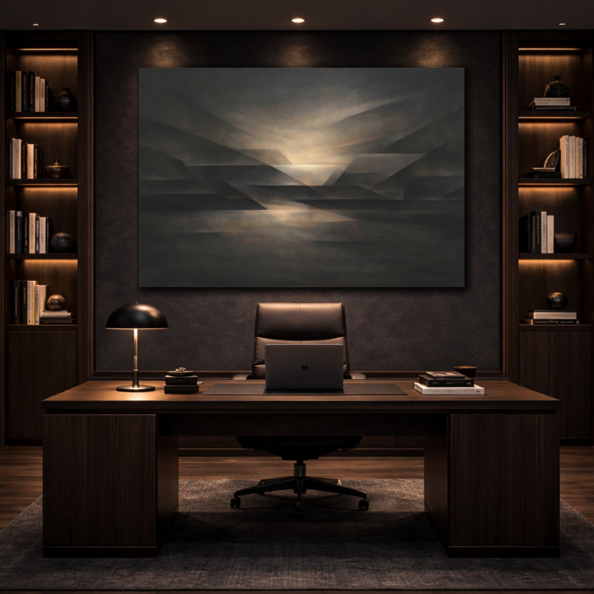 Mockup 4. Geometric Dark Neutral Abstract Flow shown as stretched canvas wall art