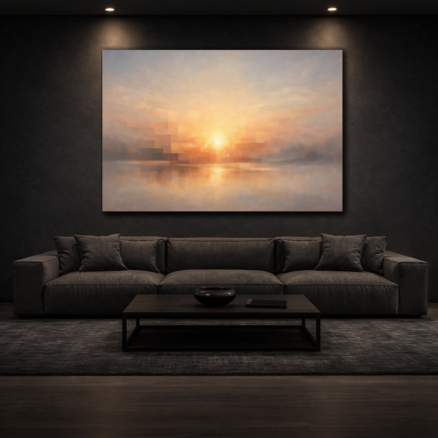 Mockup 2. Geometric Dawn Light Emerging Scene shown as stretched canvas wall art