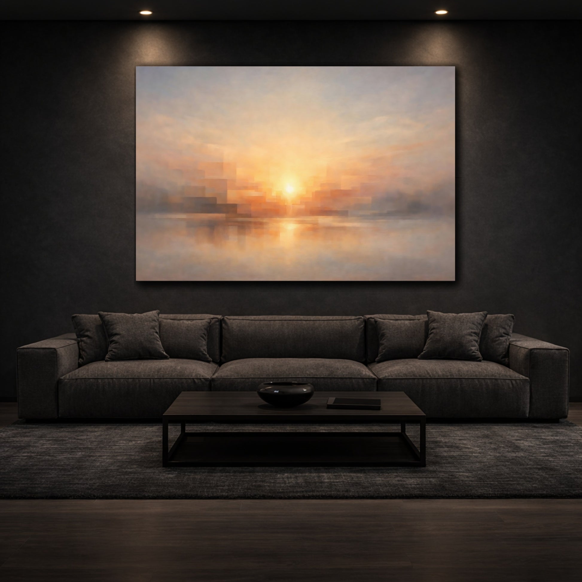 Mockup 2. Geometric Dawn Light Emerging Scene shown as stretched canvas wall art