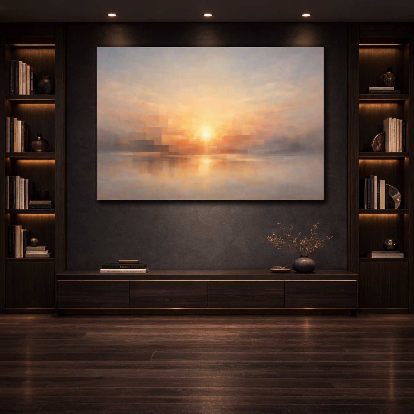 Mockup 3. Geometric Dawn Light Emerging Scene shown as stretched canvas wall art