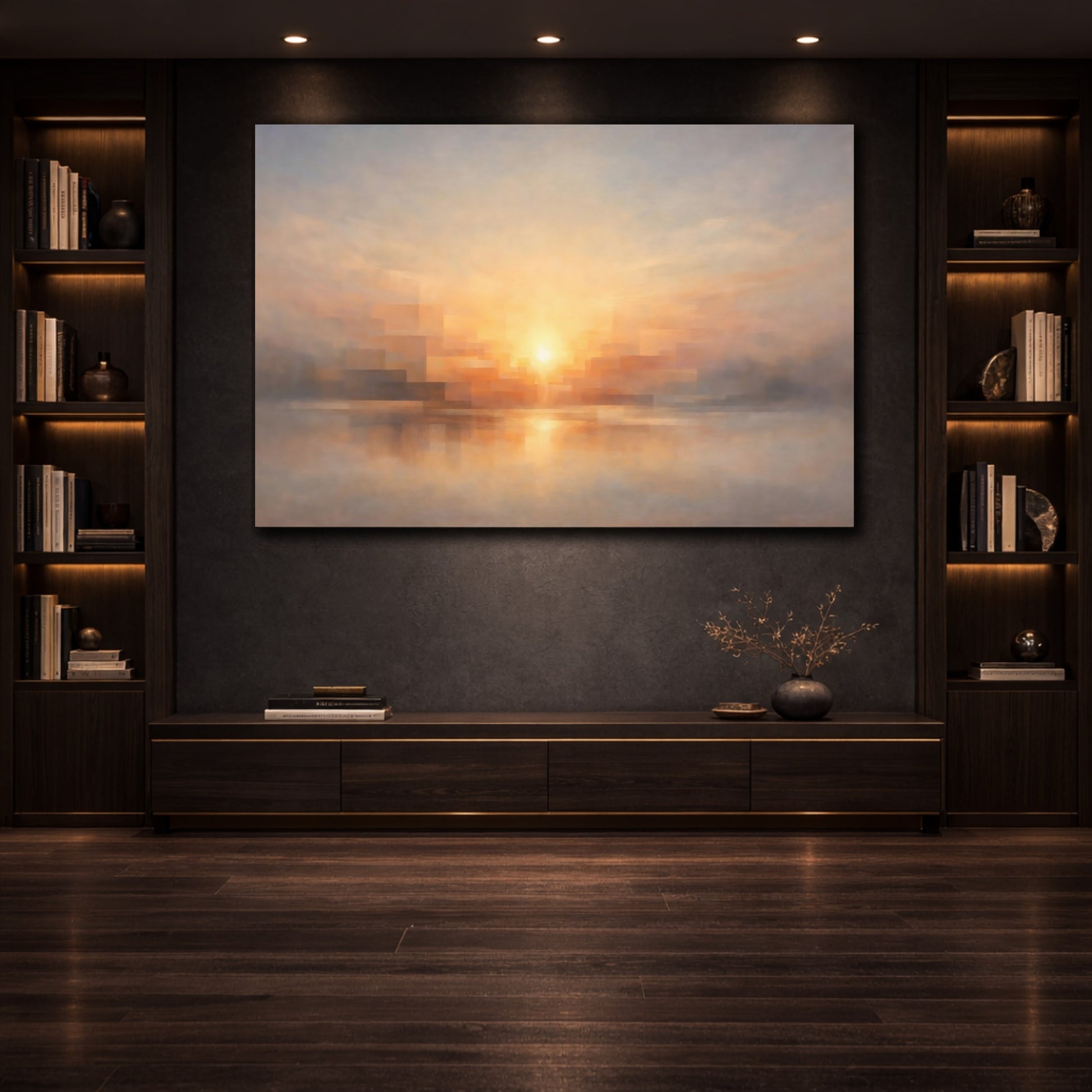 Mockup 3. Geometric Dawn Light Emerging Scene shown as stretched canvas wall art