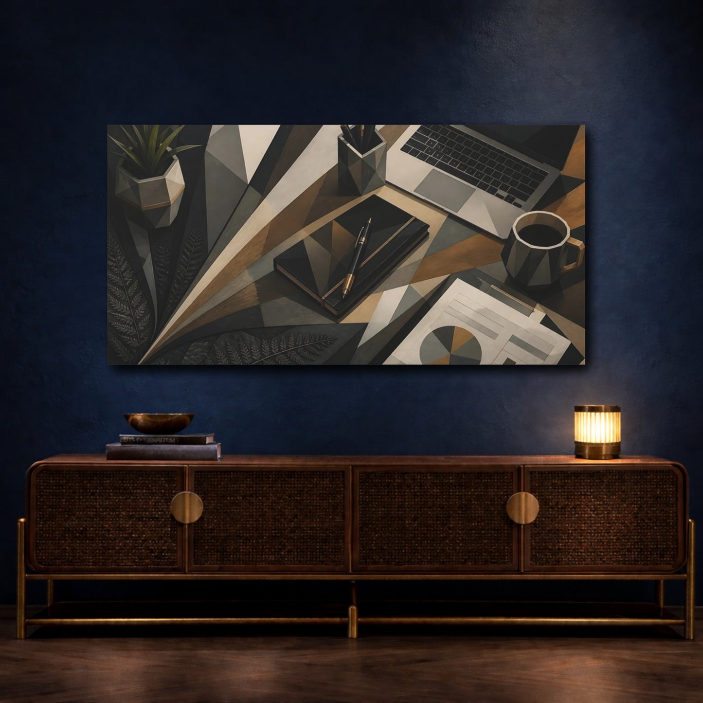 Mockup 4. Geometric Desk Workspace shown as canvas print
