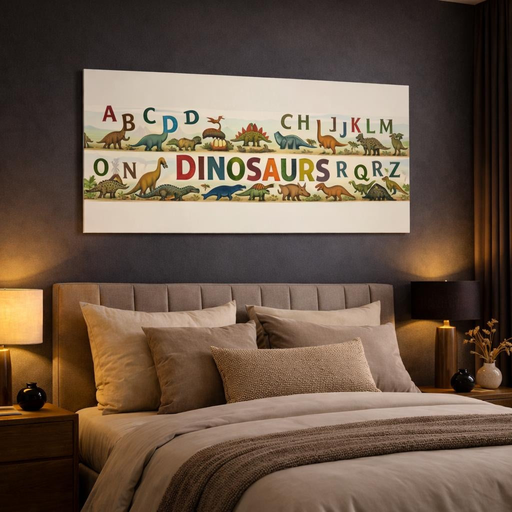 Geometric Dinosaur Alphabet Nursery shown as canvas wall art in a luxury bedroom