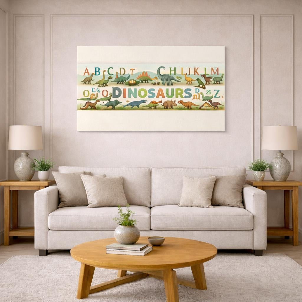 Geometric Dinosaur Alphabet Nursery shown as canvas wall art in a modern living room
