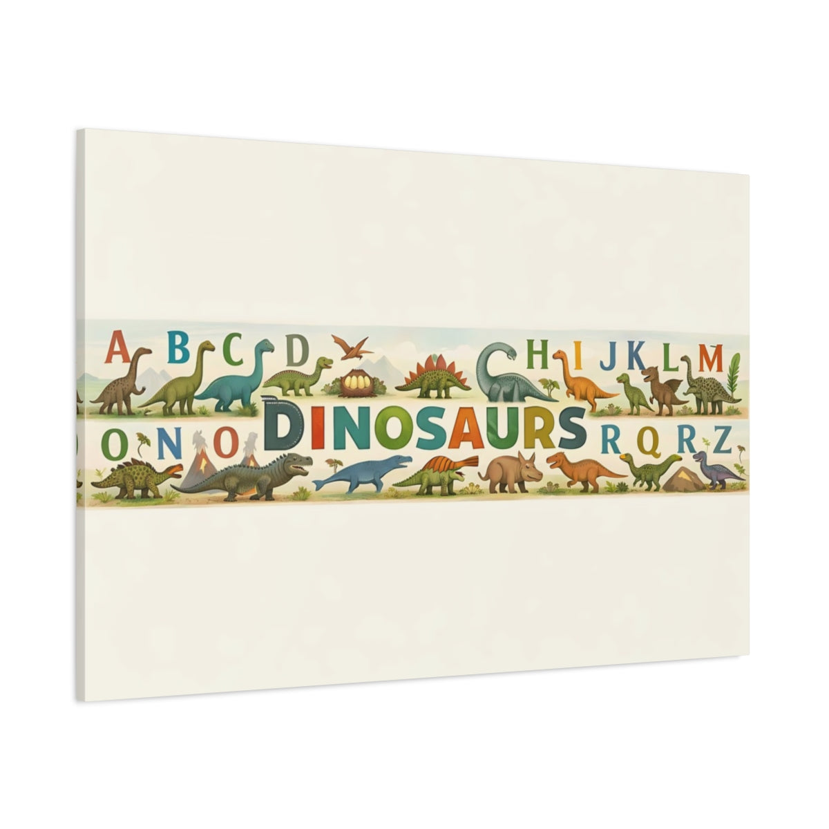 Geometric Dinosaur Alphabet Nursery shown as stretched canvas wall art