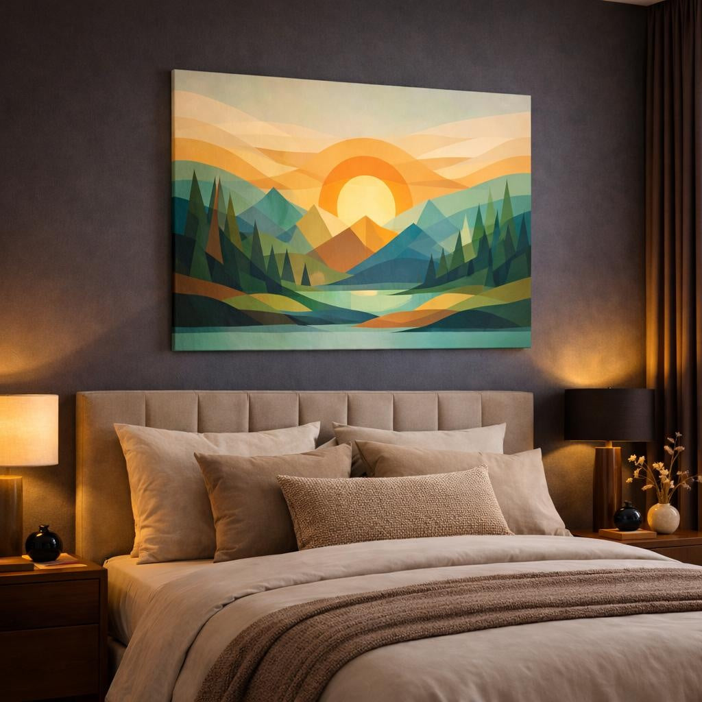 Geometric Forest shown as canvas wall art in a luxury bedroom