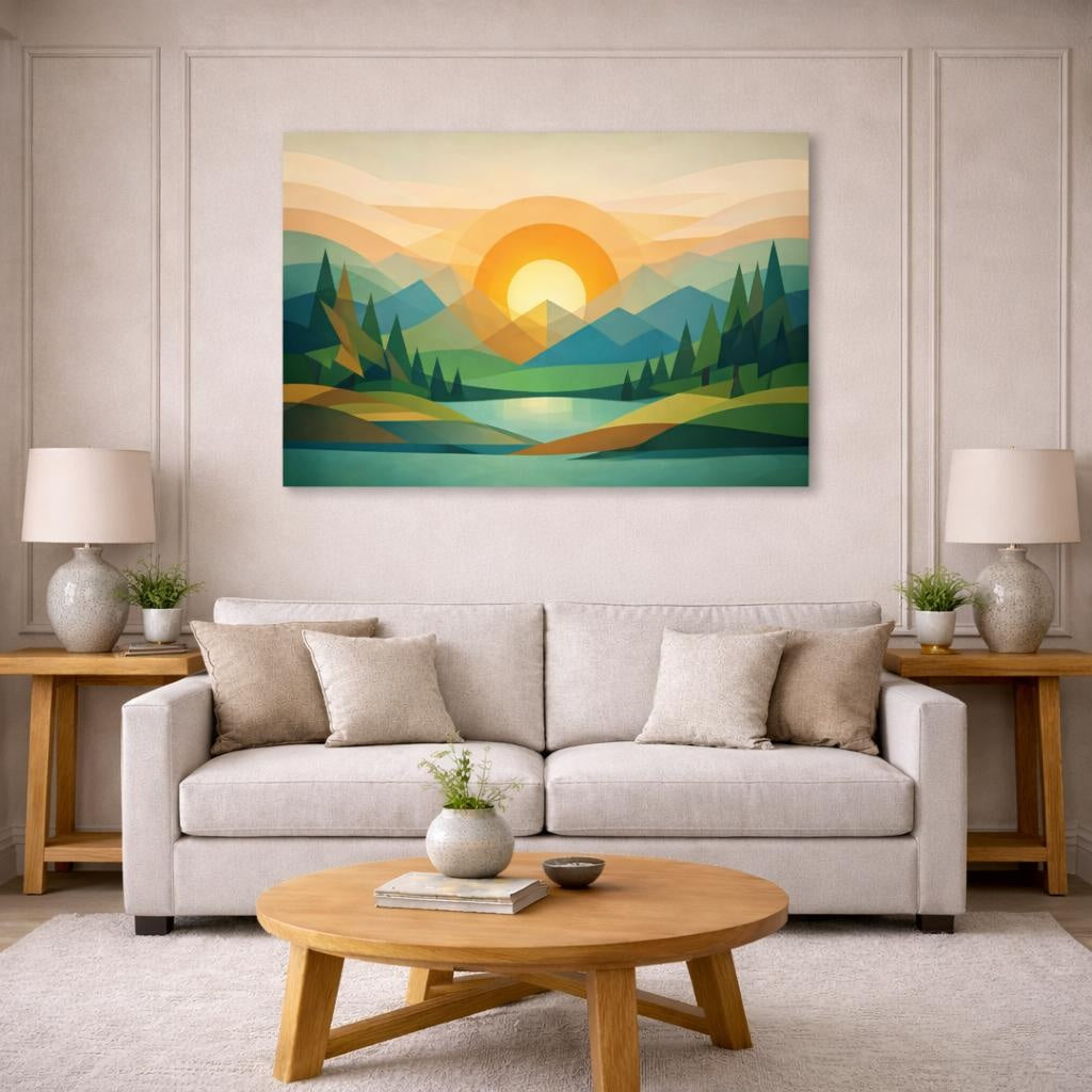 Geometric Forest shown as canvas wall art in a modern living room