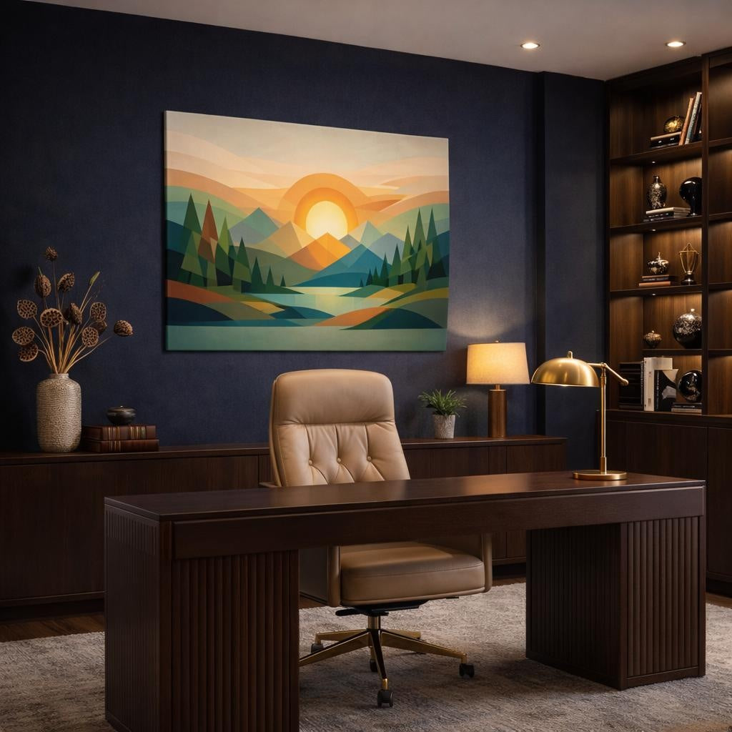 Geometric Forest shown as canvas wall art in a refined dining room