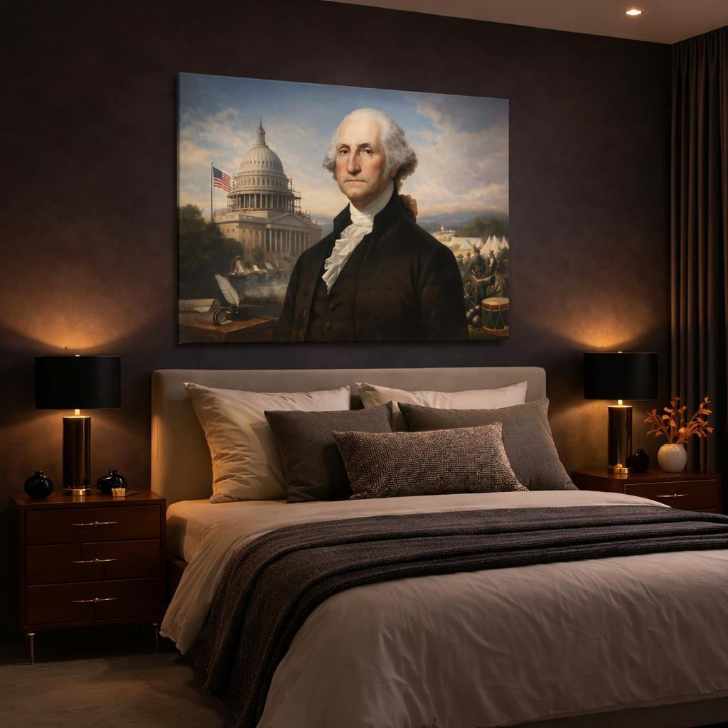 Geometric George Washington shown as canvas wall art in a luxury bedroom