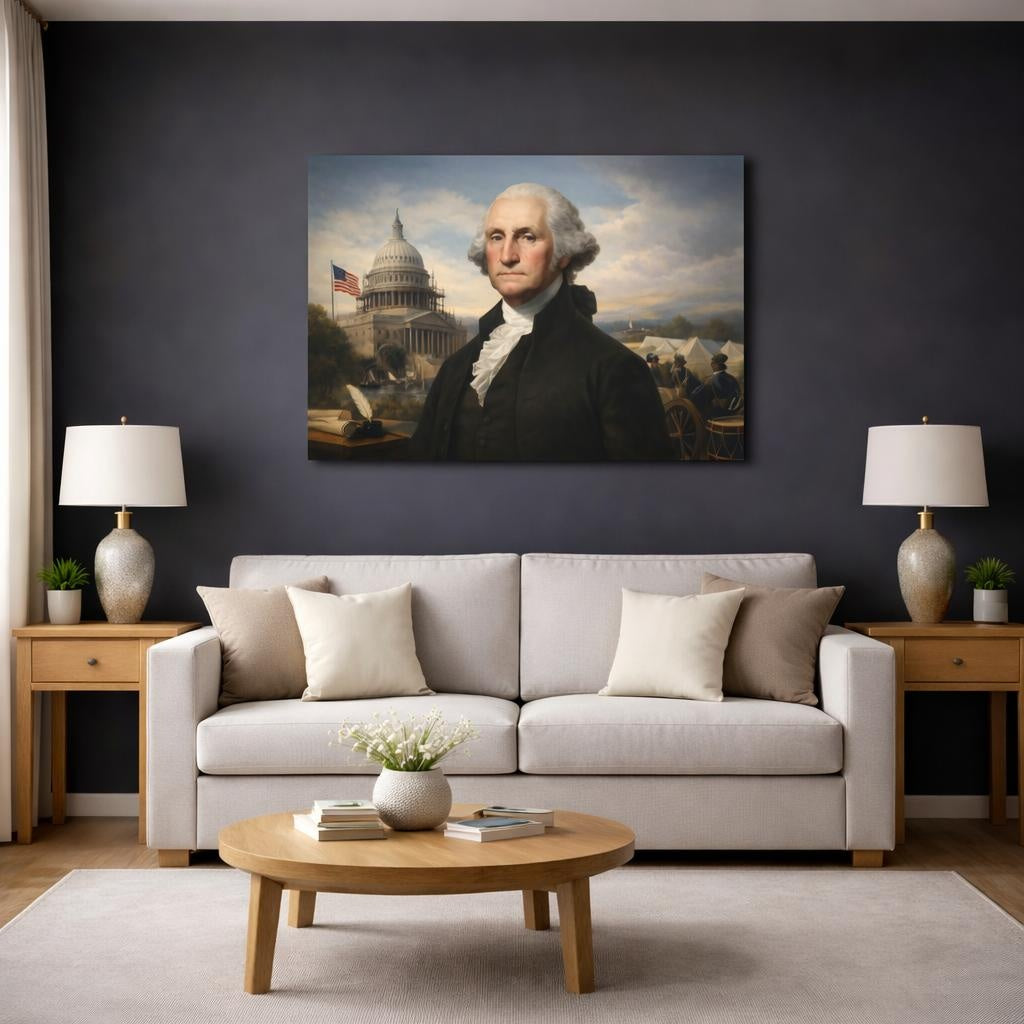 Geometric George Washington shown as canvas wall art in a modern living room