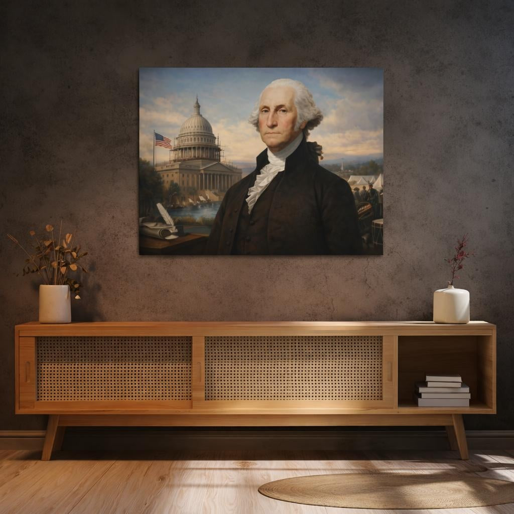 Geometric George Washington shown as canvas wall art in a refined dining room