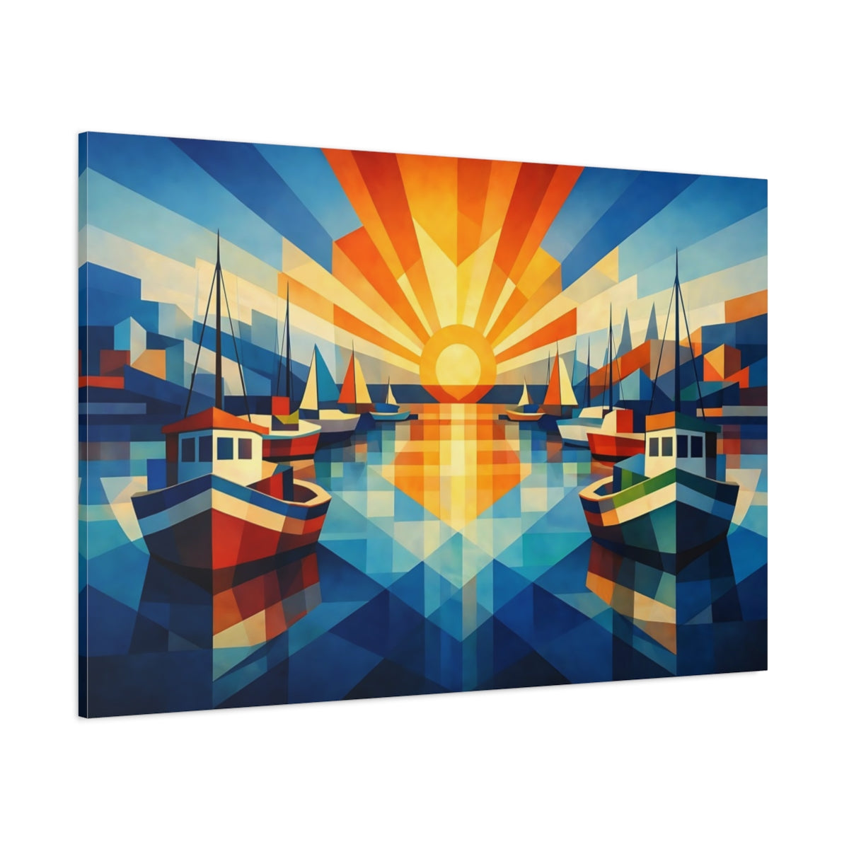 Geometric Harbor Boats shown as stretched canvas wall art