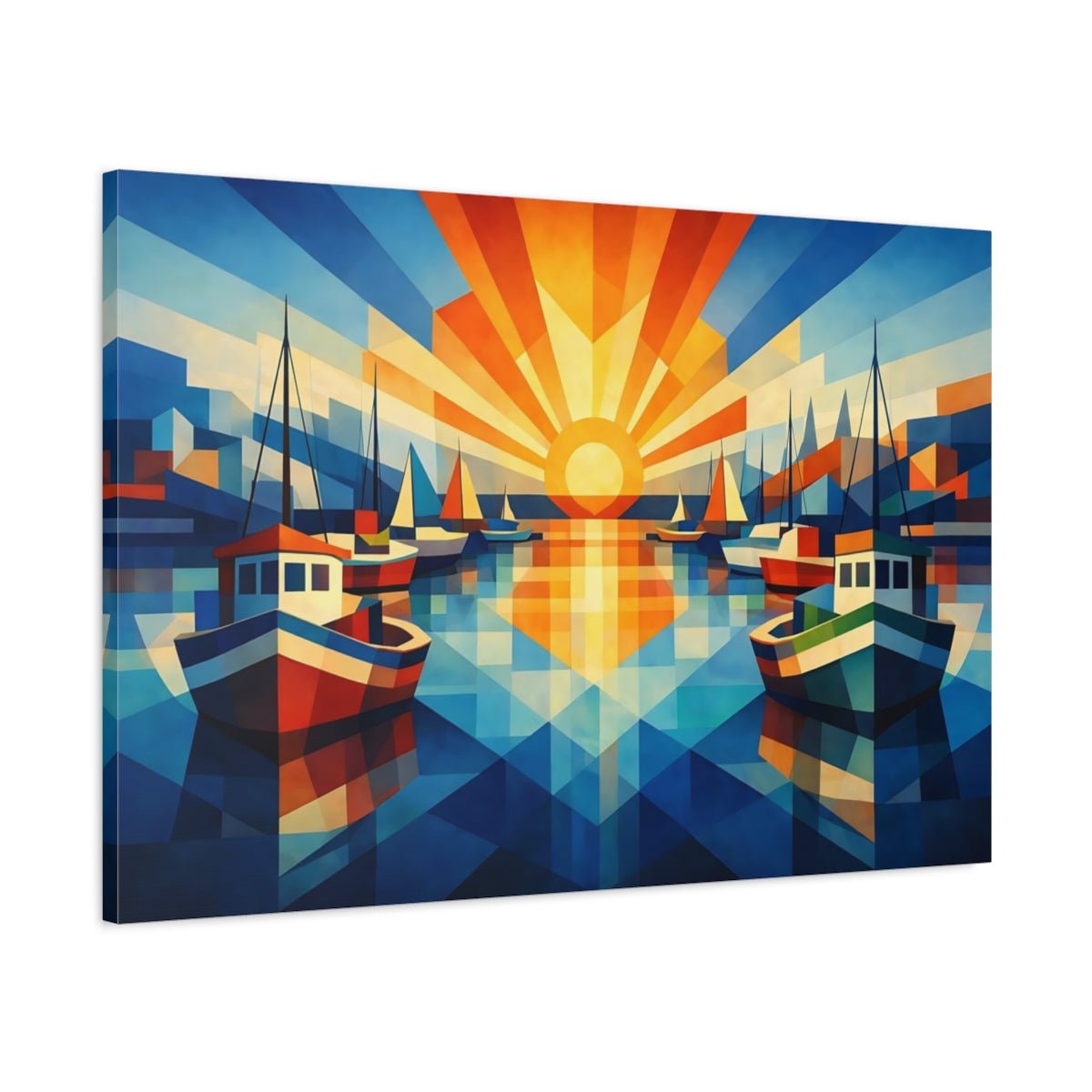 Geometric Harbor Boats Nature - Canvas Wall Art Print - YesArtYes