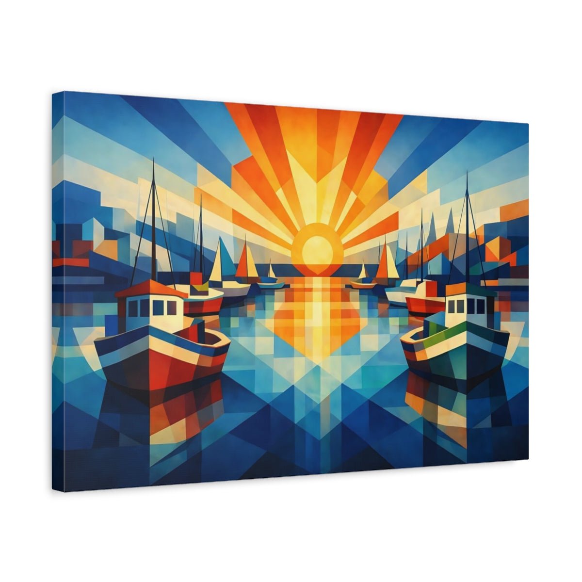 Geometric Harbor Boats Nature - Canvas Wall Art Print - YesArtYes