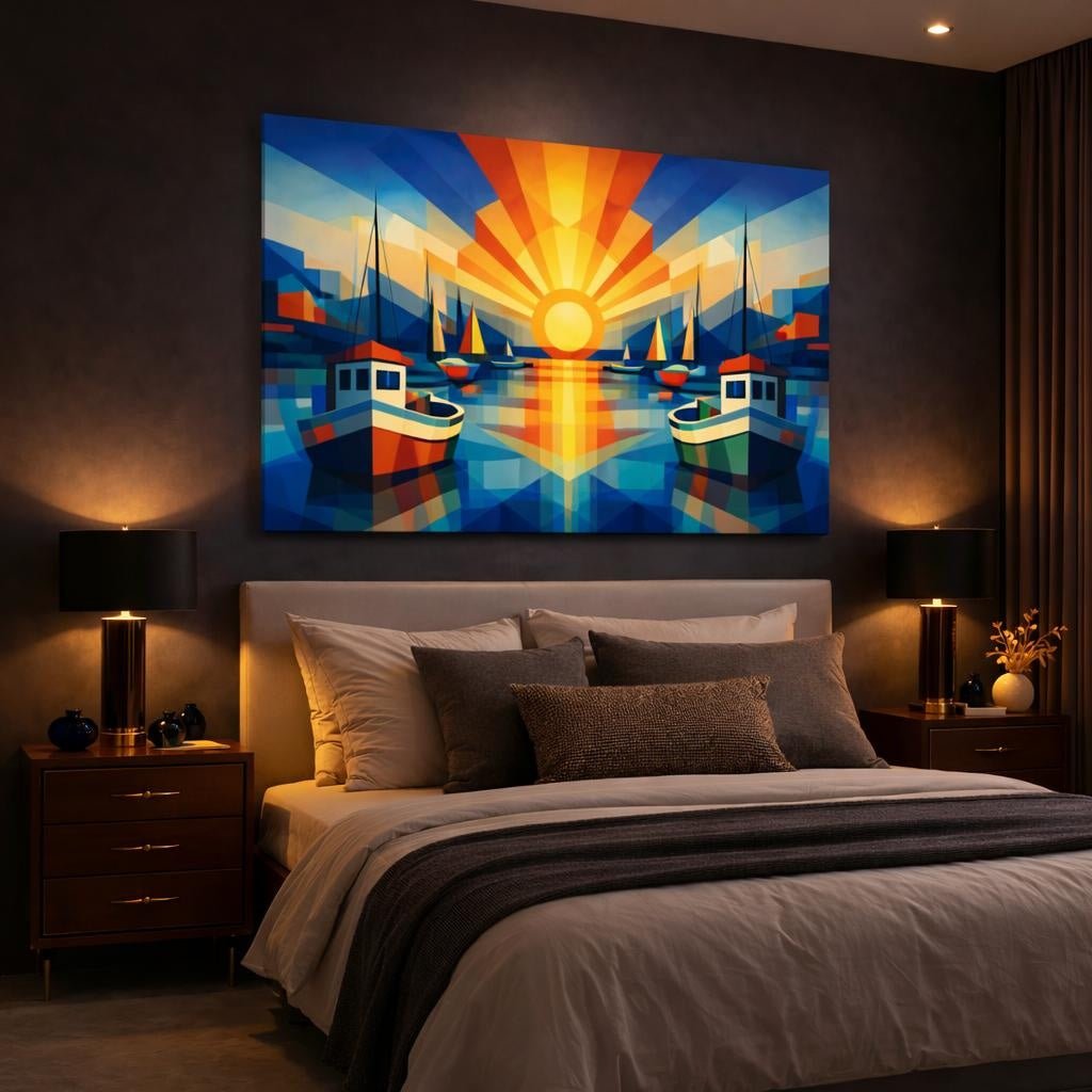Geometric Harbor Boats Nature - Canvas Wall Art Print - YesArtYes