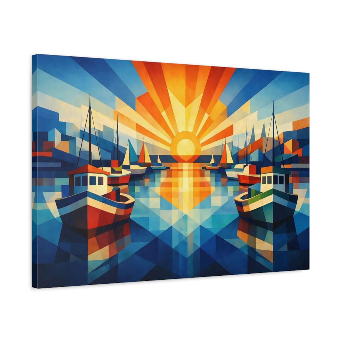 Geometric Harbor Boats Nature - Canvas Wall Art Print - YesArtYes