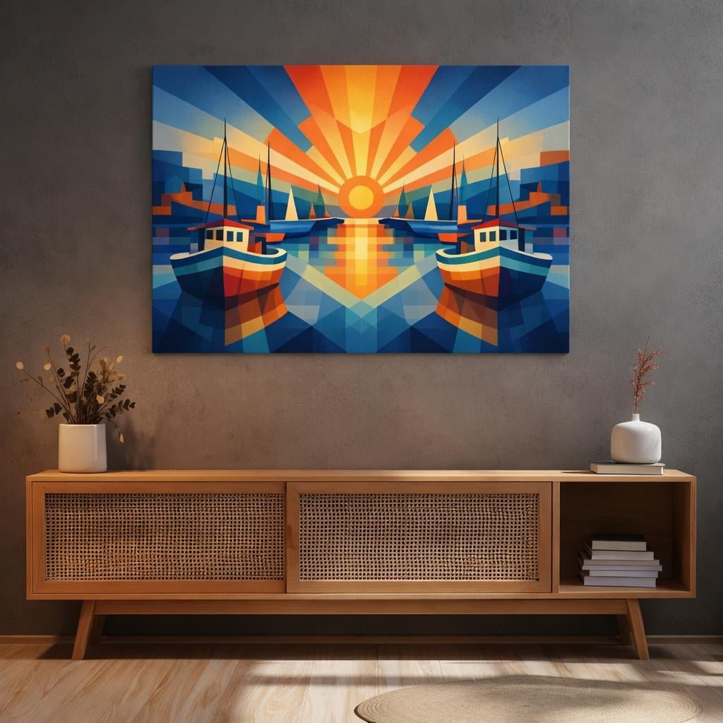 Geometric Harbor Boats Nature - Canvas Wall Art Print - YesArtYes